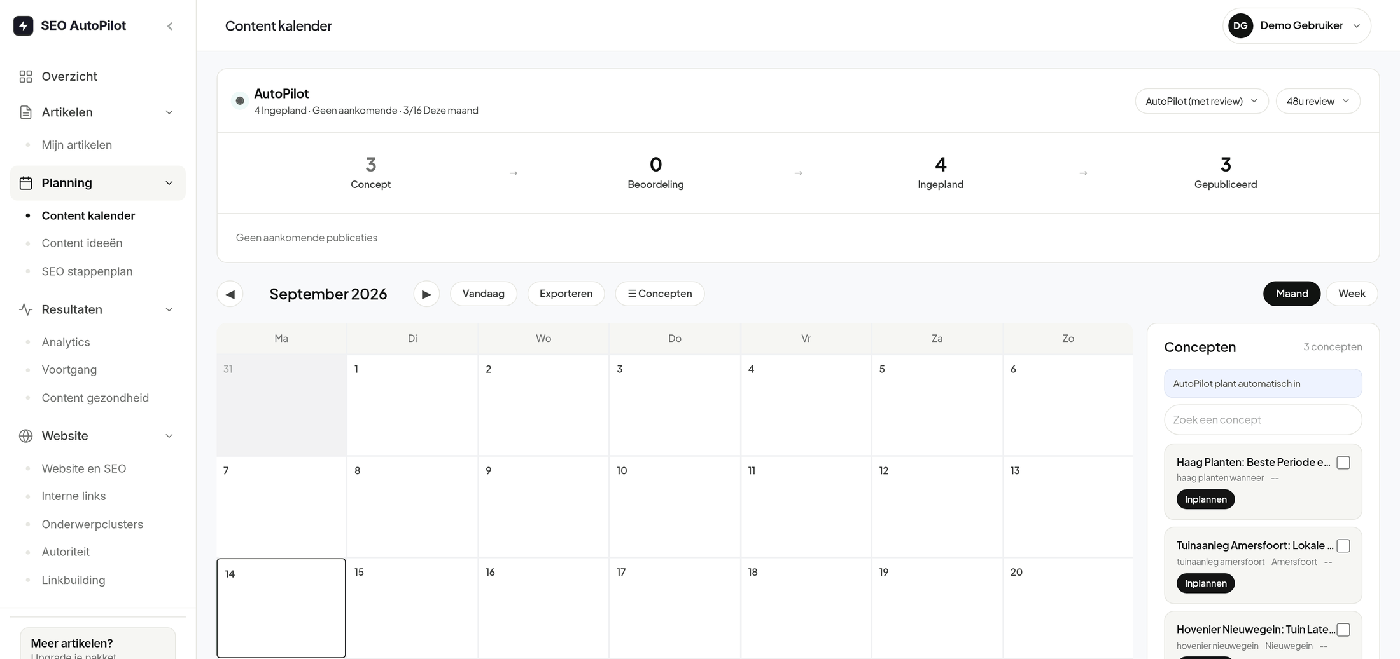 De contentkalender met geplande artikelen per dag